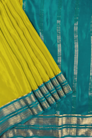 Lime Green & Peacock Blue Pure Crepe Silk Saree with Zari Border & Striped Pallu