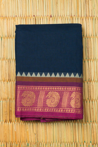 Navy blue Chettinad cotton saree with magenta and gold zari border and woven striped pallu