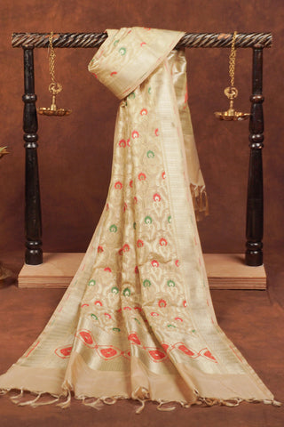Beige gold Banarasi jacquard dupatta with red and green meenakari florals and ornate pallu with red geometric details
