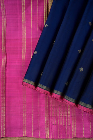 Royal Purple Kanjivaram Silk Saree with Woven Buttas & Pink Contrast Border