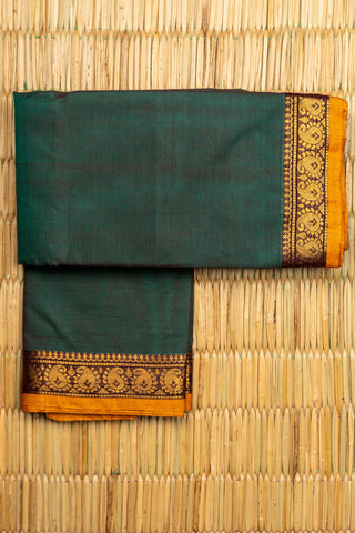 Forest Green Chettinad Cotton Saree with Mango Yellow Zari Paisley Border