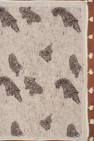 White linen dupatta with black tiger sketch print, layered line art backdrop, silver zari selvage and white tassels