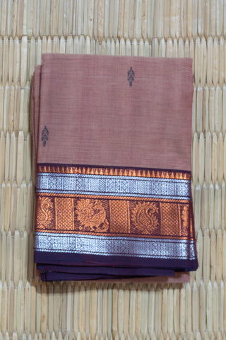 Peach Chettinad Cotton Saree with Grey Bootis and Wine Border