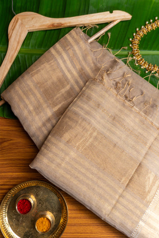 Taupe Gold Zari Striped Silk Cotton Maheshwari Saree with gold zari stripes