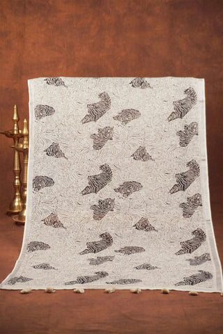 White linen dupatta with black tiger sketch print, layered line art backdrop, silver zari selvage and white tassels