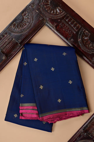 Royal Purple Kanjivaram Silk Saree with Woven Buttas & Pink Contrast Border