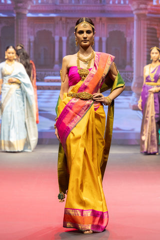 Mustard and rani pink handloom Kanjivaram silk saree with zari border