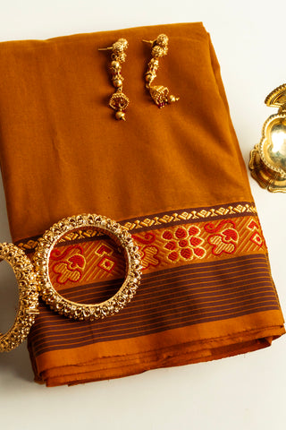 Rust Orange Chettinad Cotton Saree with Temple and Floral Motif Border