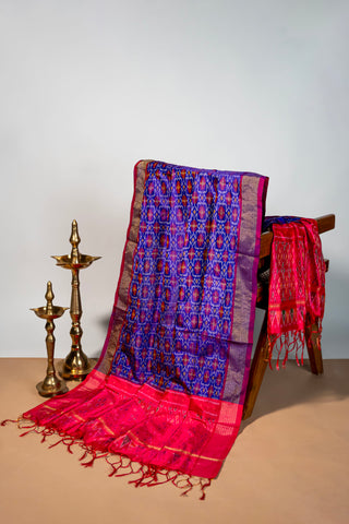 Purple and blue Ikat pure silk dupatta with pink pallu