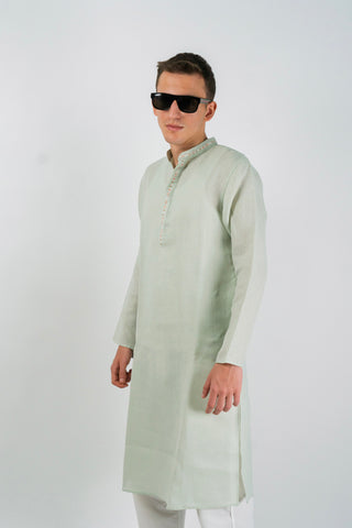 Men's Linen Blend Long Kurta with Center Trim Detail