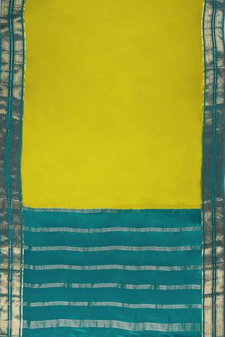 Lime Green & Peacock Blue Pure Crepe Silk Saree with Zari Border & Striped Pallu