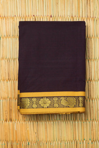 Plum Chettinad cotton saree with mustard gold zari border and paisley floral motifs