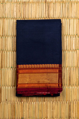 Classic Navy Blue Chettinad Cotton Saree with Rust Red and Gold Zari Border