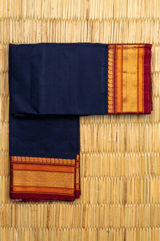 Classic Navy Blue Chettinad Cotton Saree with Rust Red and Gold Zari Border