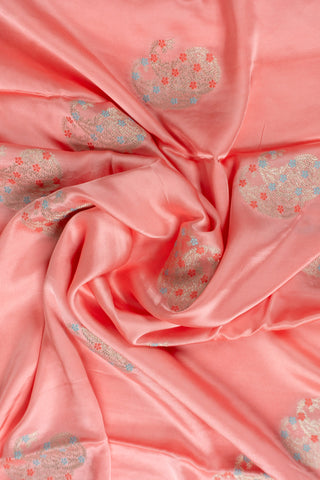 Light Peach Banarasi Mashru Silk Saree with Sky Blue & Peach Meena Kari