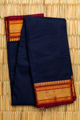 Classic Navy Blue Chettinad Cotton Saree with Rust Red and Gold Zari Border
