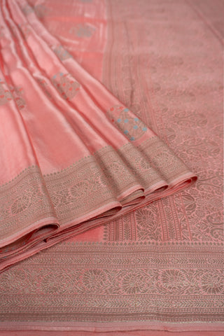 Light Peach Banarasi Mashru Silk Saree with Sky Blue & Peach Meena Kari