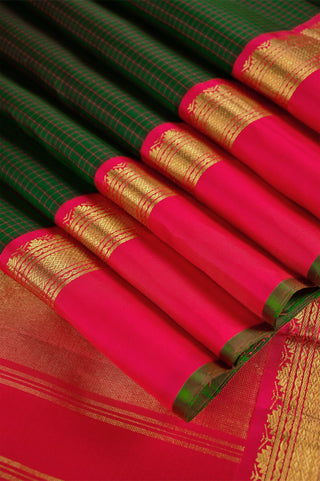 Classic Olive Green Kanjivaram Silk Saree with Pink Contrast Border