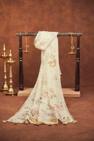 Lime yellow sheer linen dupatta with digital pink and purple floral clusters, green vines and silver zari selvage