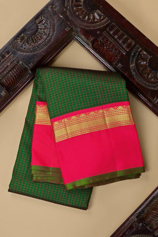 Classic Olive Green Kanjivaram Silk Saree with Pink Contrast Border