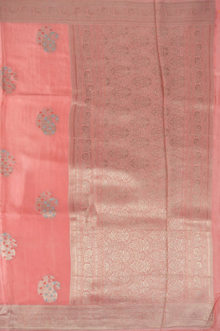 Light Peach Banarasi Mashru Silk Saree with Sky Blue & Peach Meena Kari