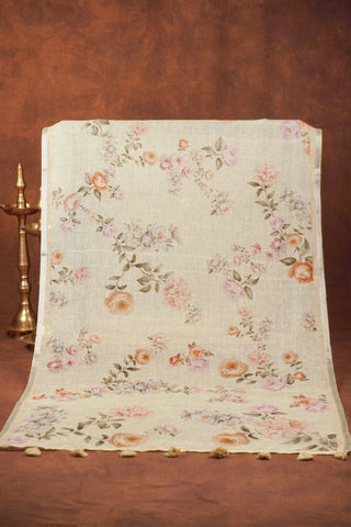 Lime yellow sheer linen dupatta with digital pink and purple floral clusters, green vines and silver zari selvage