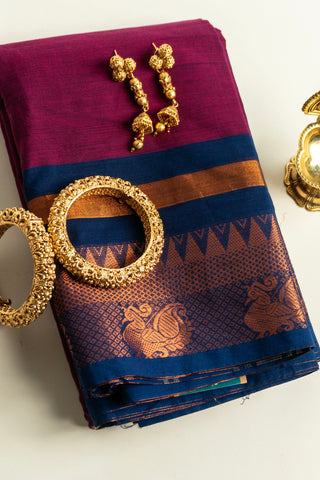 Wine Maroon Chettinad Cotton Saree with Temple and Peacock Design Border