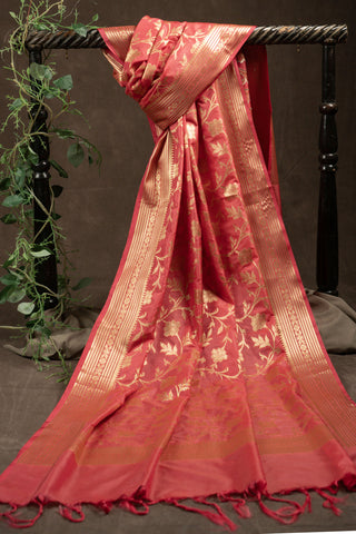 Coral red Banarasi art silk dupatta with gold zari weaving