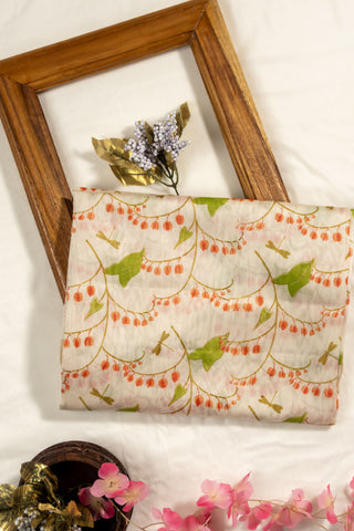 White Chanderi dupatta with berry block print and coral zig zag pallu