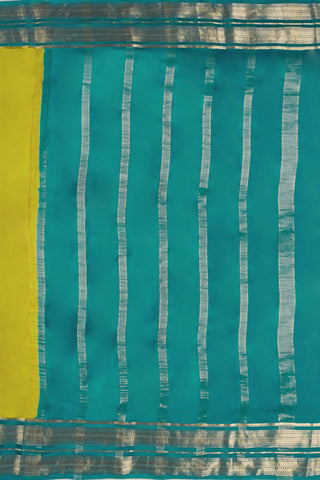 Lime Green & Peacock Blue Pure Crepe Silk Saree with Zari Border & Striped Pallu