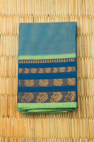 Blue-green dhoop-chaon Chettinad cotton saree with lime green, navy and gold zari motifs
