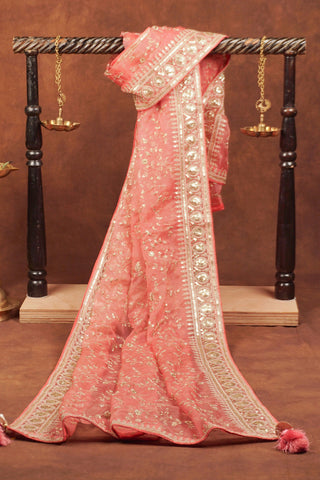 Rose pink organza dupatta with all-over floral vine embroidery, sequins, embellished border and corner tassels