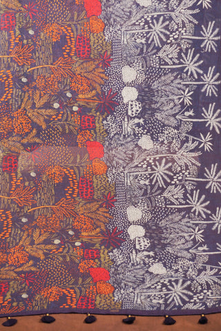 Blue linen dupatta with half-and-half print of white coconut tree line art and colourful tropical flowers