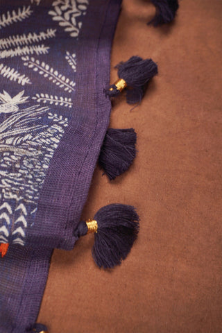 Blue linen dupatta with half-and-half print of white coconut tree line art and colourful tropical flowers