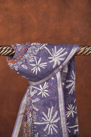 Blue linen dupatta with half-and-half print of white coconut tree line art and colourful tropical flowers