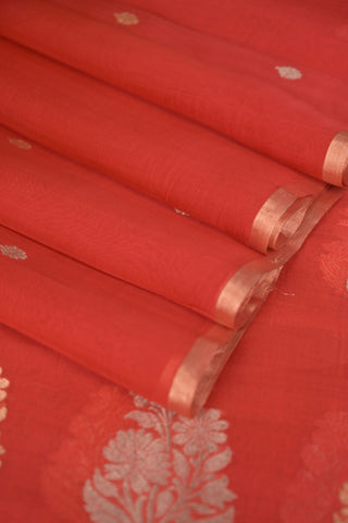 Coral Mango Silk Saree with gold and silver motifs