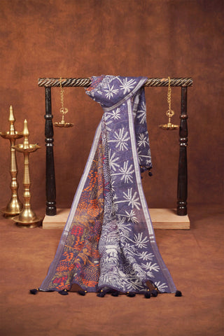 Blue linen dupatta with half-and-half print of white coconut tree line art and colourful tropical flowers