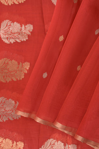 Coral Mango Silk Saree with gold and silver motifs