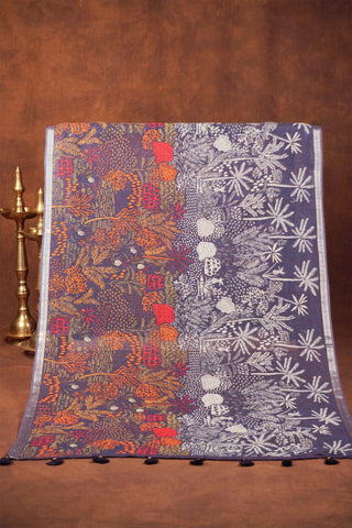 Blue linen dupatta with half-and-half print of white coconut tree line art and colourful tropical flowers