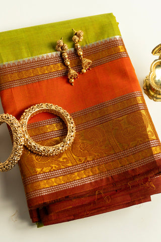 Lime Green Chettinad Cotton Saree with Peacock and Geometric Motifs Border