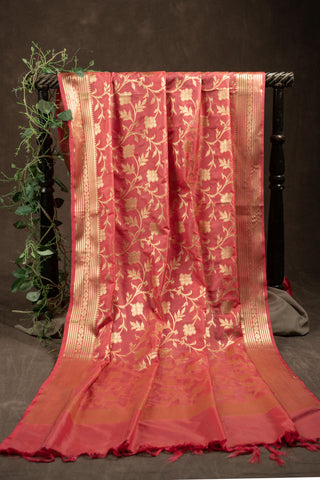 Coral red Banarasi art silk dupatta with gold zari weaving