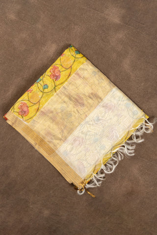 Yellow hand painted Chanderi dupatta with floral motifs and zari border