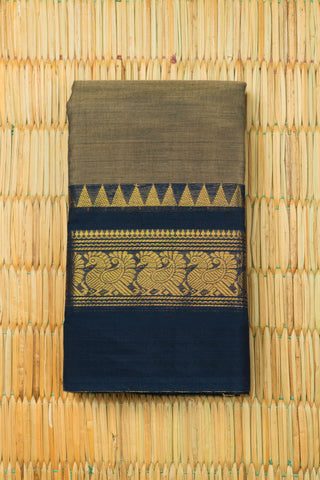 Olive khaki Chettinad cotton saree with navy blue border and gold woven geometric motifs