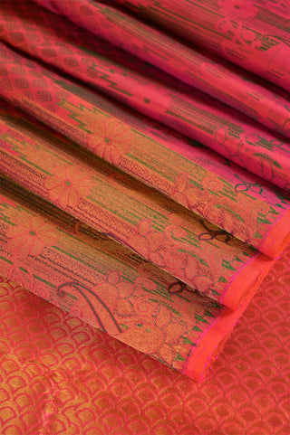 Radiant Hot Pink Kanjeevaram Silk Saree with Traditional Temple & Geometric Motifs
