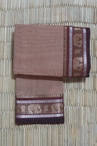 Skin Beige Chettinad Cotton Saree with Coffee Brown Border and Elephant Motifs