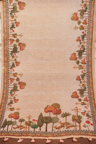 Peach linen saree with forest landscape pallu of palms, birds and deer, deer border, silver zari selvedge and tassels