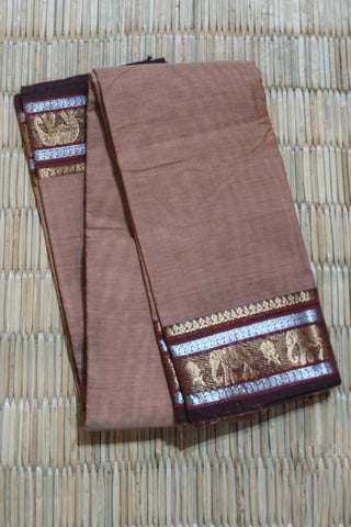 Skin Beige Chettinad Cotton Saree with Coffee Brown Border and Elephant Motifs