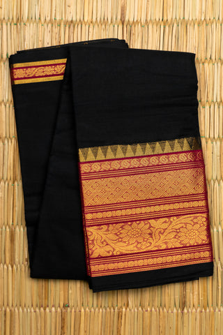 Black Chettinad cotton saree with gold zari and maroon border