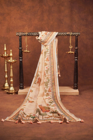 Peach linen saree with forest landscape pallu of palms, birds and deer, deer border, silver zari selvedge and tassels