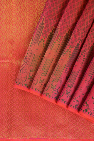 Radiant Hot Pink Kanjeevaram Silk Saree with Traditional Temple & Geometric Motifs